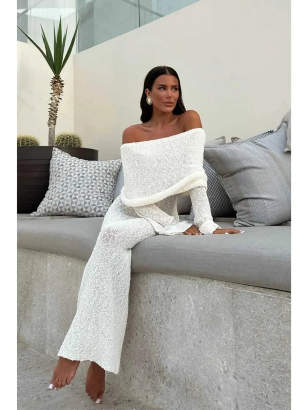 NWT MESHKI Marisol Off Shoulder Boucle Maxi Dress Ivory Party Photoshoots Sz XS